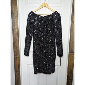 Aidan by Aidan Mattox Black Sequin Long Sleeve Mini Dress Size 12 Open Back
